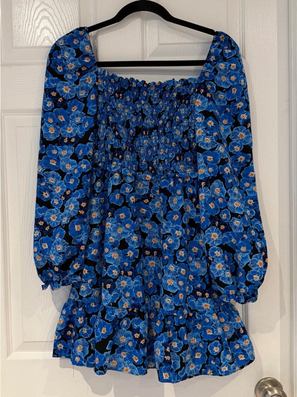 OMI Studio Blue Floral Smocked Long Sleeve Dress Size L Summer Sundress Brunch